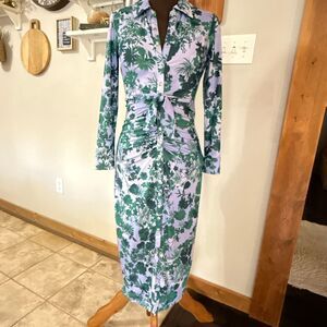 By Anthropologie Long-Sleeve V-Neck Midi Shirt Dress size XS floral green purple